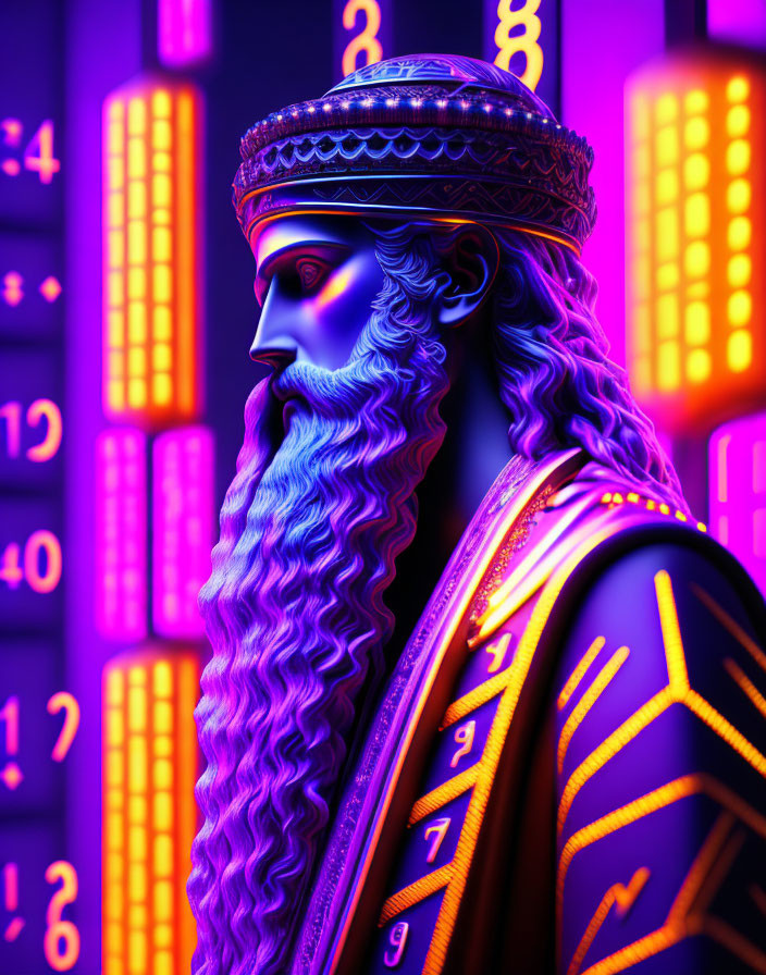 Regal figure with crown in neon-lit digital artwork