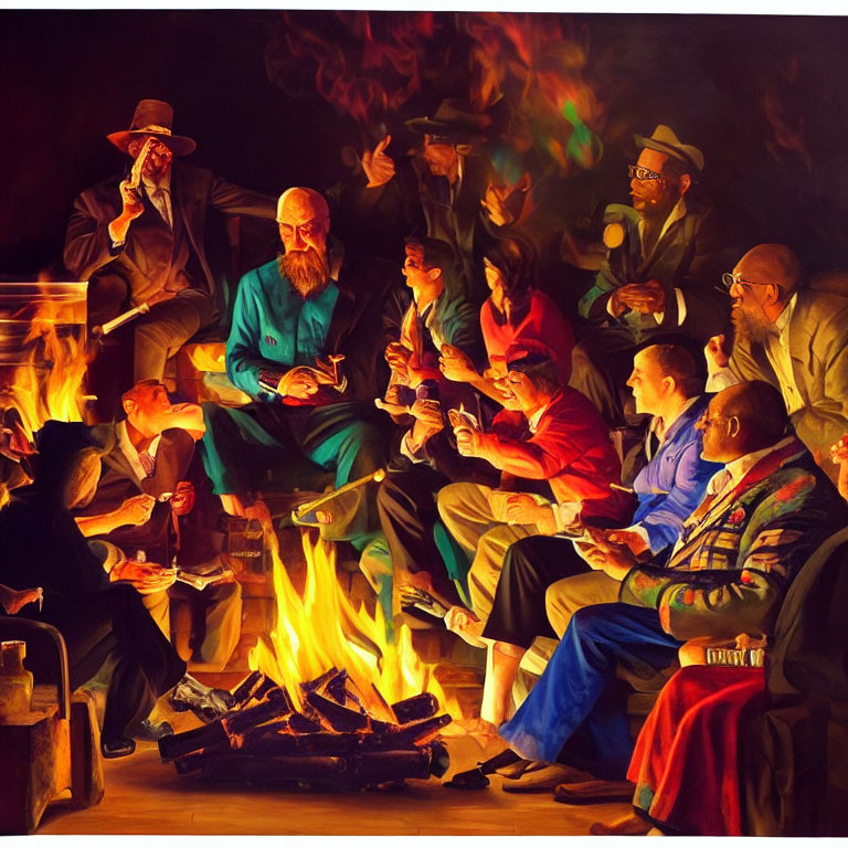 Elegantly Dressed People Chatting Around Night Campfire