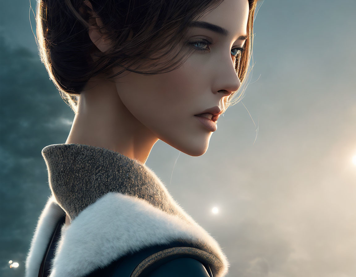 Digital artwork: Woman with elf-like ears in fur coat, gazing in misty backdrop