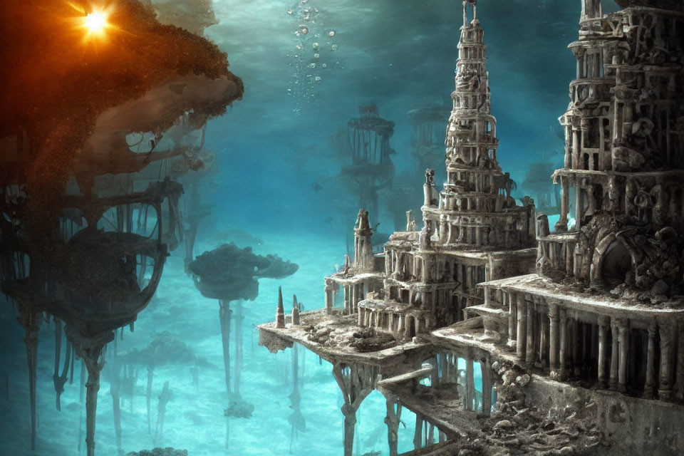 Ancient towering structures in an underwater city with marine flora and sunbeams.