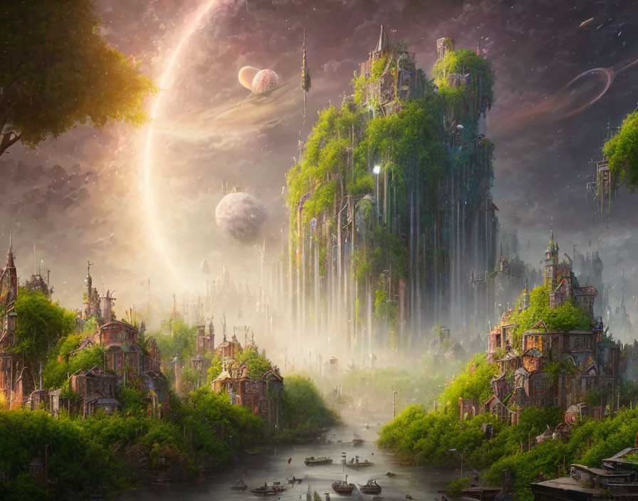 Ethereal floating city above lush forest with celestial illumination