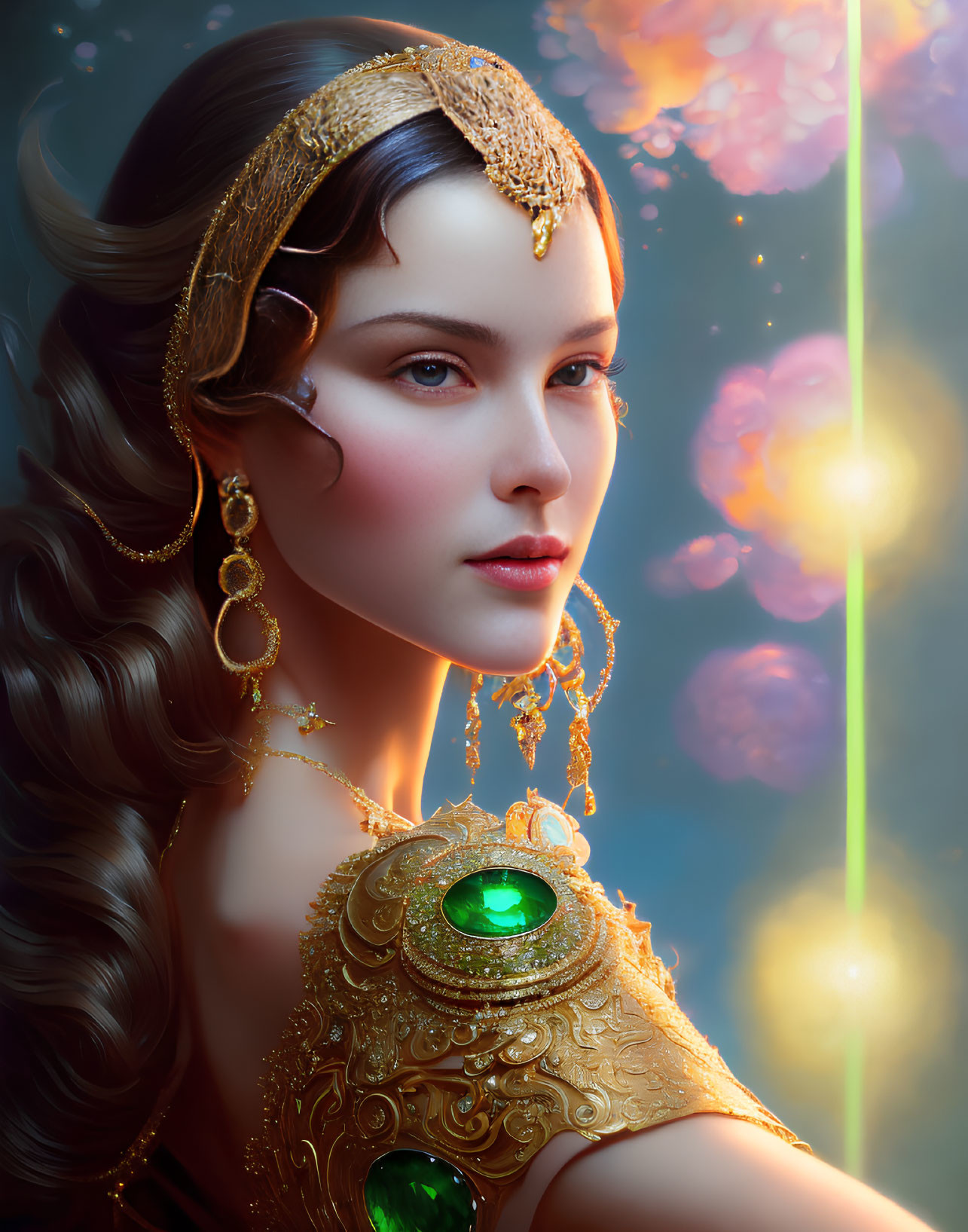 Portrait of Woman in Golden Jewelry with Orbs and Flowers