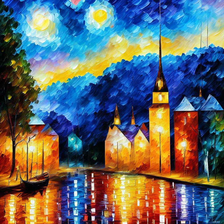 Impressionist Style Painting: Waterside Town at Dusk