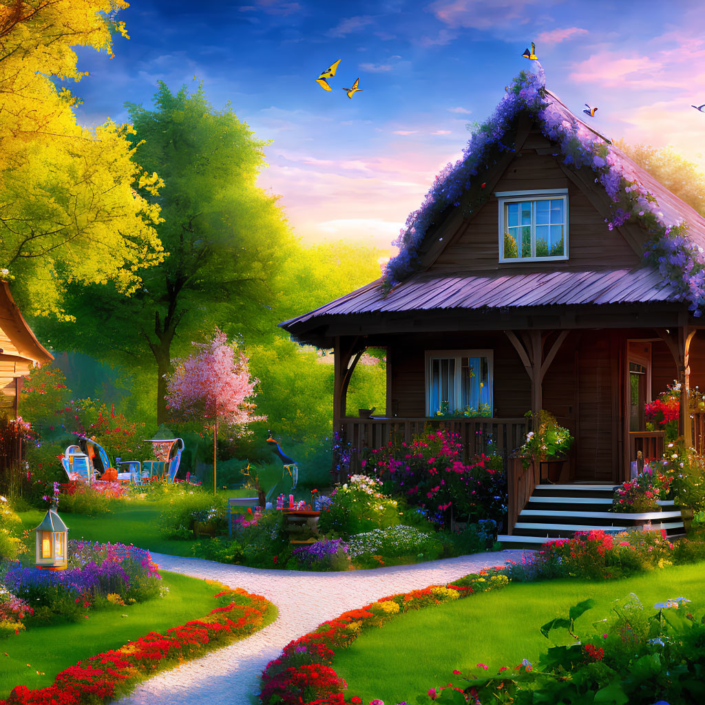 Charming cottage with blooming garden and flying birds