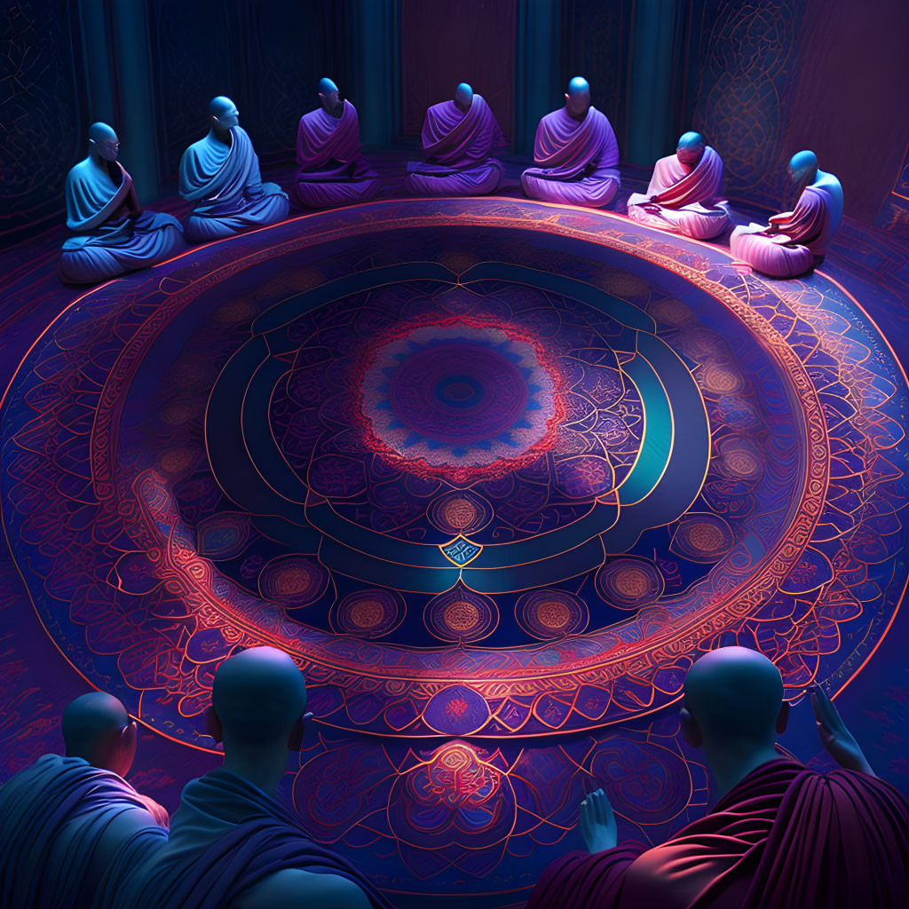 Purple-robed monks meditate around intricate mandala in dimly lit room