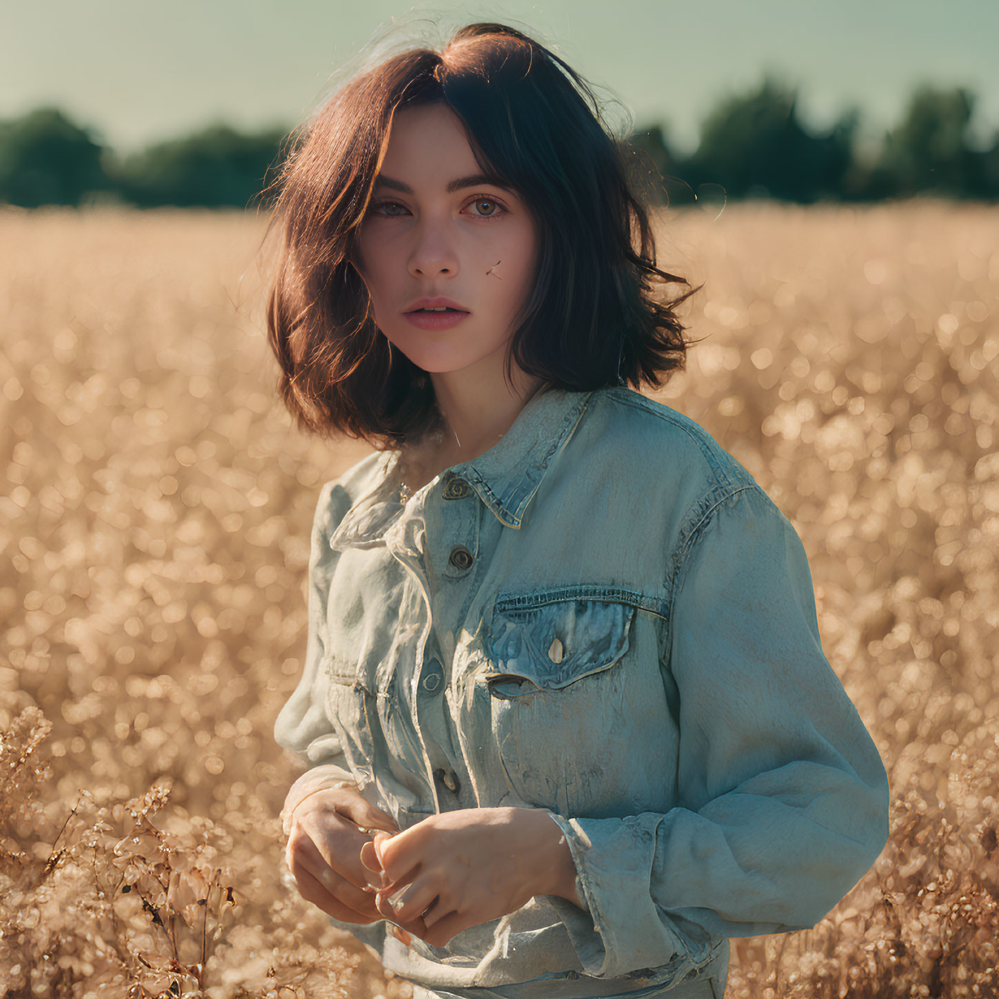 Short Dark-Haired Woman in Denim Jacket in Sunny Field