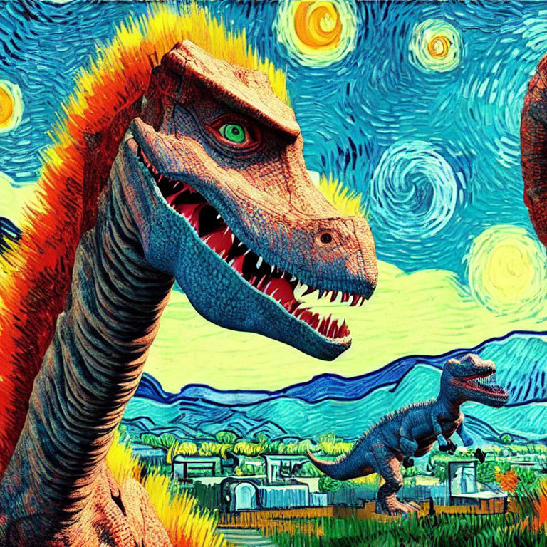 Colorful dinosaur artwork inspired by Van Gogh's style