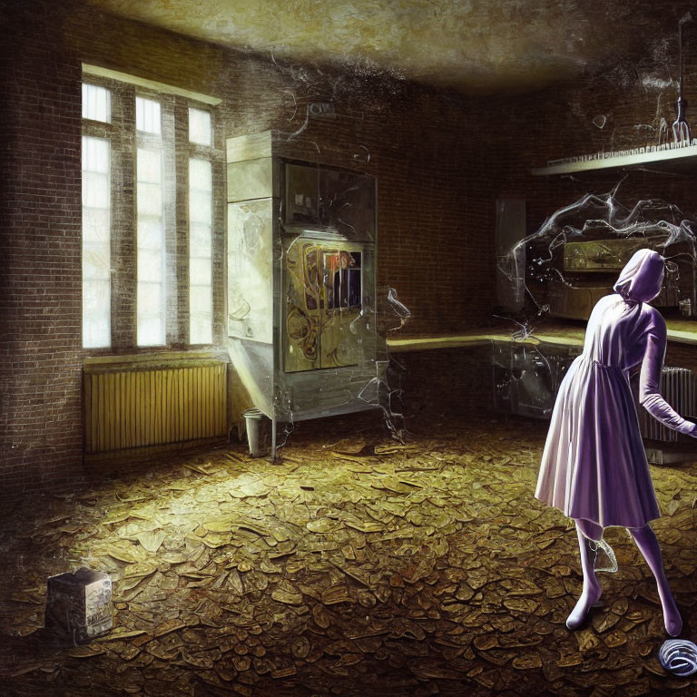 Figure in Purple Dress and Hood in Abandoned Room with Glowing Anomaly