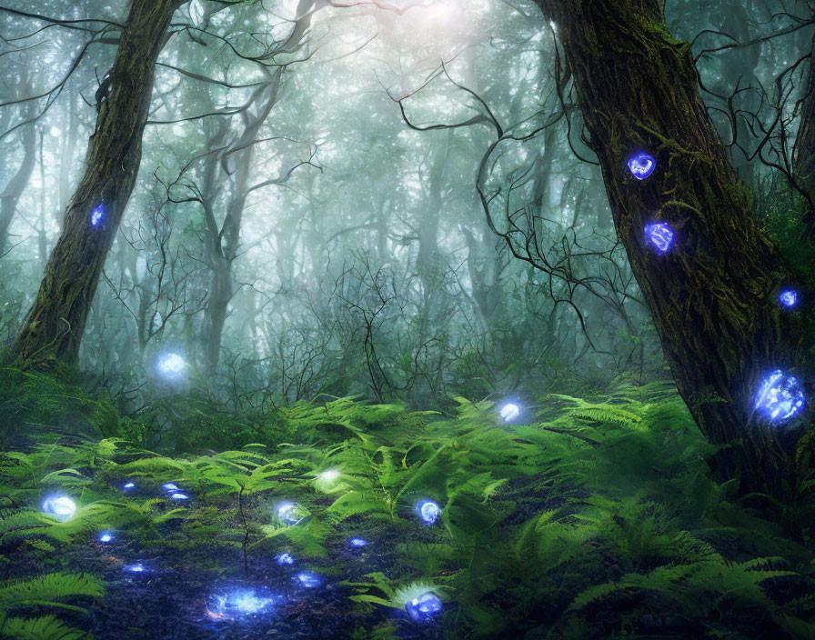 Enchanting forest scene with glowing blue orbs and misty ambiance