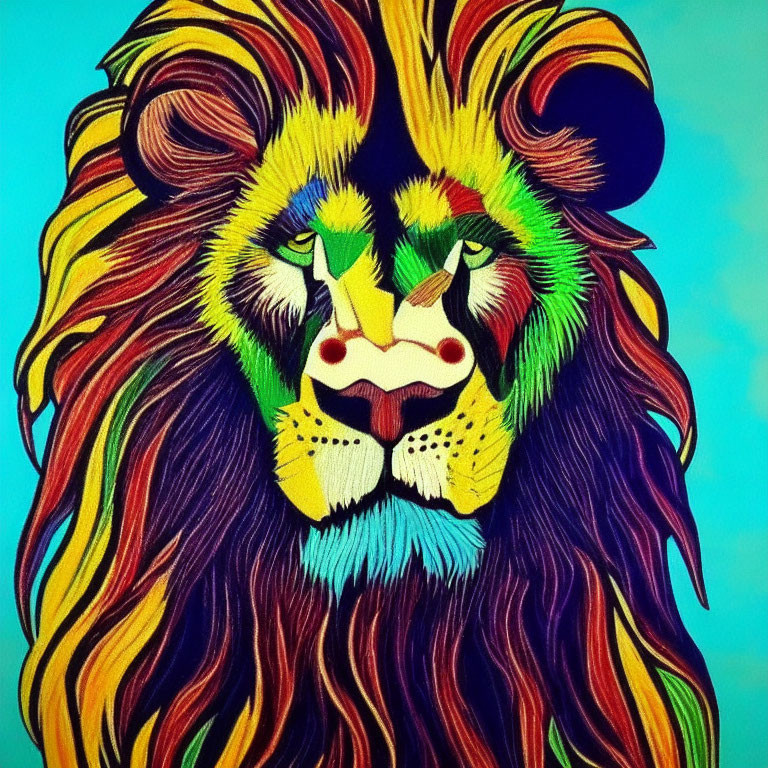 Colorful Lion Portrait with Flowing Mane and Psychedelic Brushstrokes