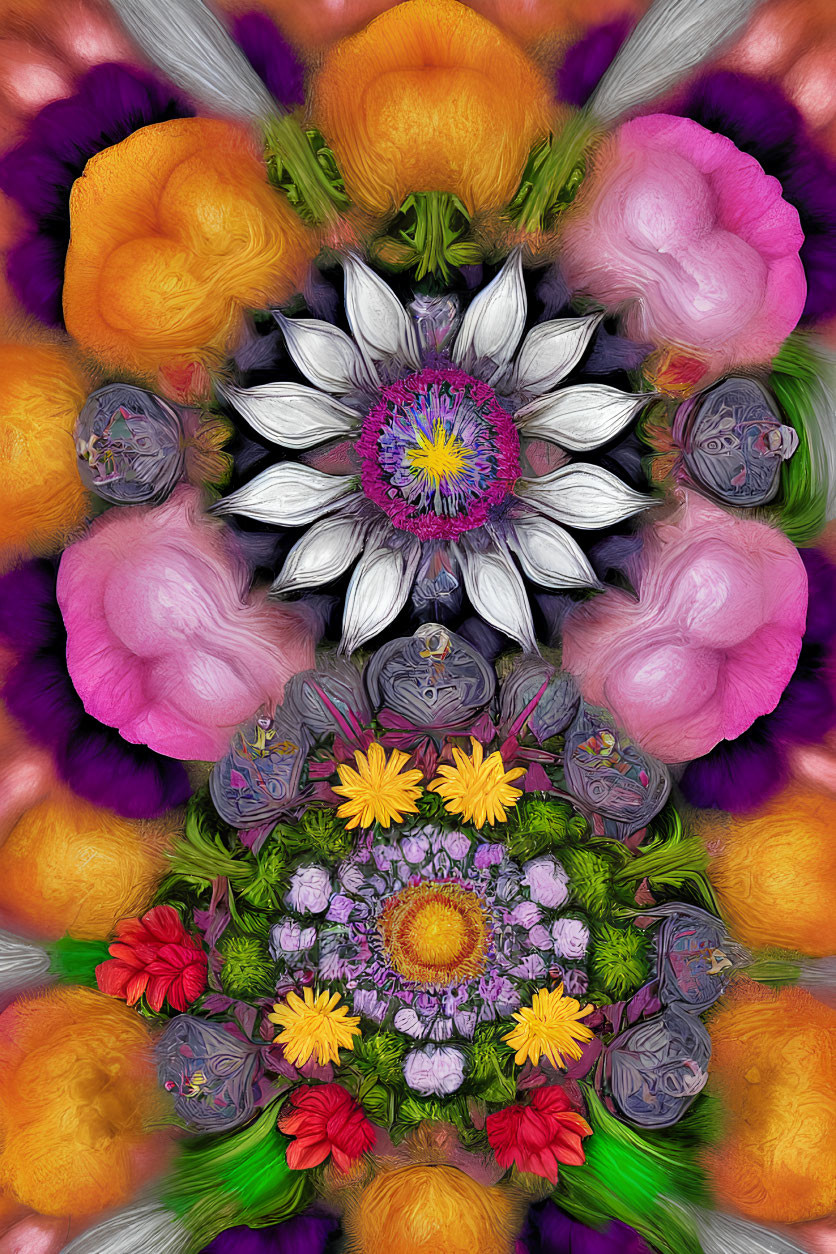 Colorful Symmetrical Artwork of Various Flowers in Fractal Pattern