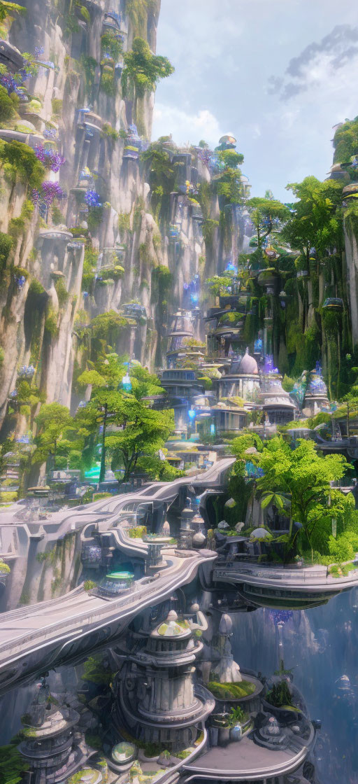 Fantasy landscape with waterfalls, lush vegetation, and futuristic buildings.