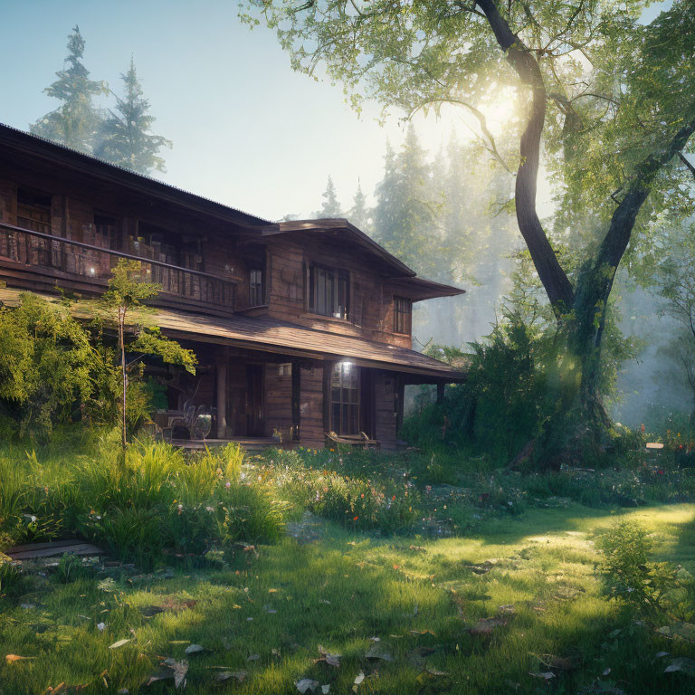 Tranquil Wooden Cabin in Sunlit Forest Clearing