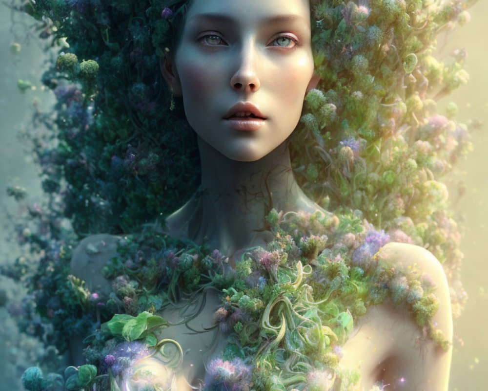 Woman's portrait with foliage and floral elements blending into her hair and shoulders in a mystical nature theme.