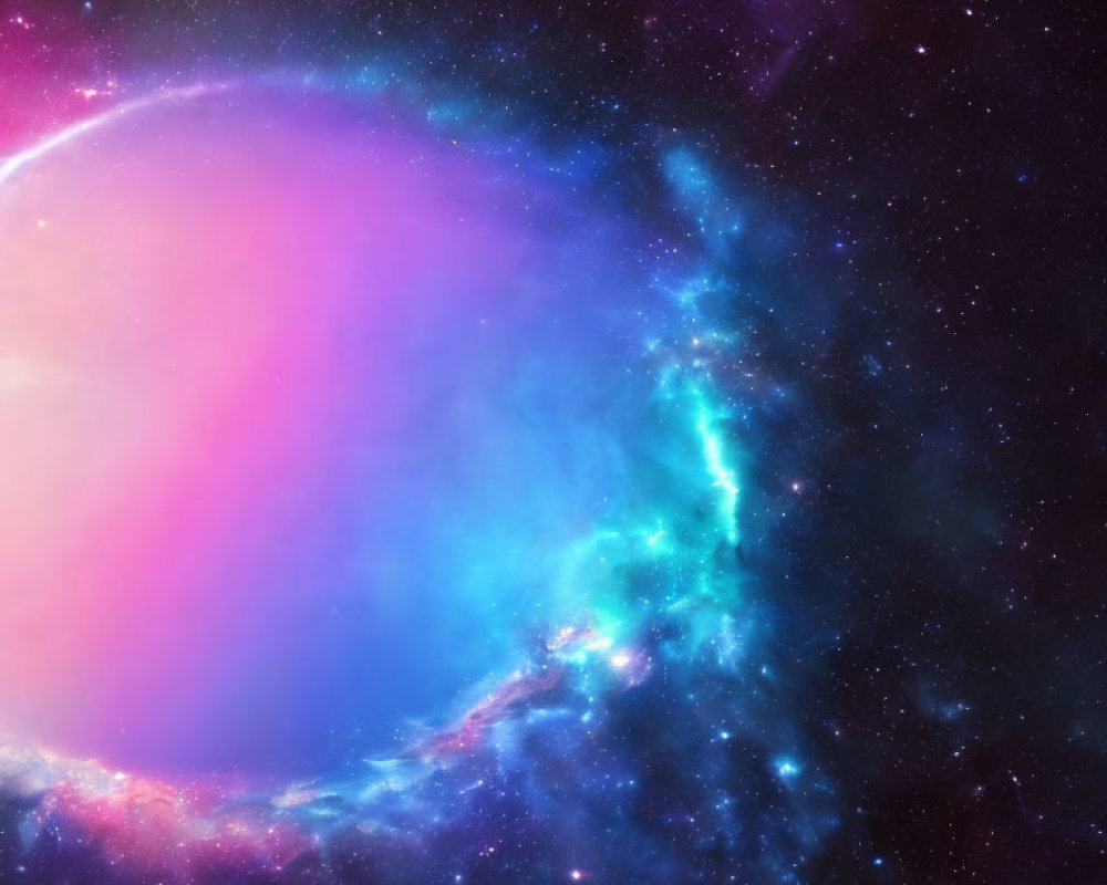 Colorful cosmic scene: glowing purple-pink nebula, blue stellar gas, distant stars