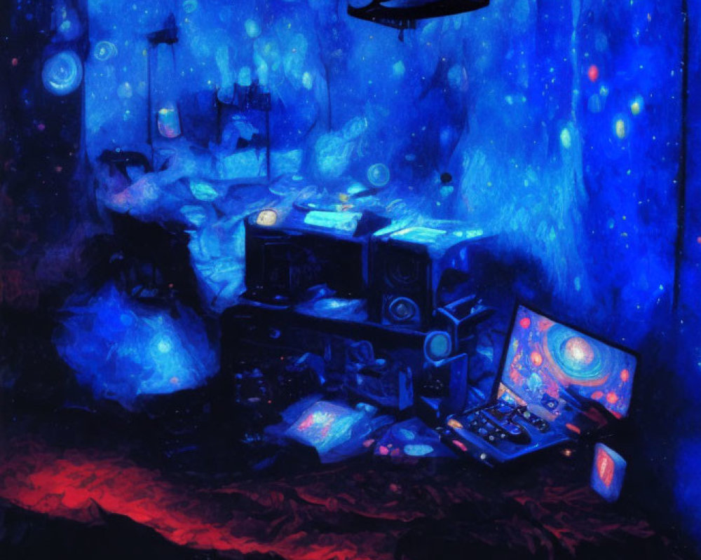 Vibrant Blue Room with DJ Equipment and Electronic Devices