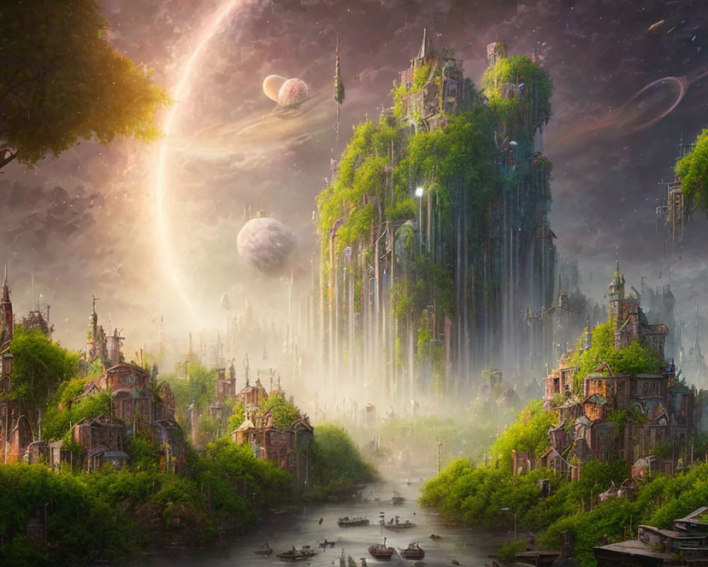 Ethereal floating city above lush forest with celestial illumination