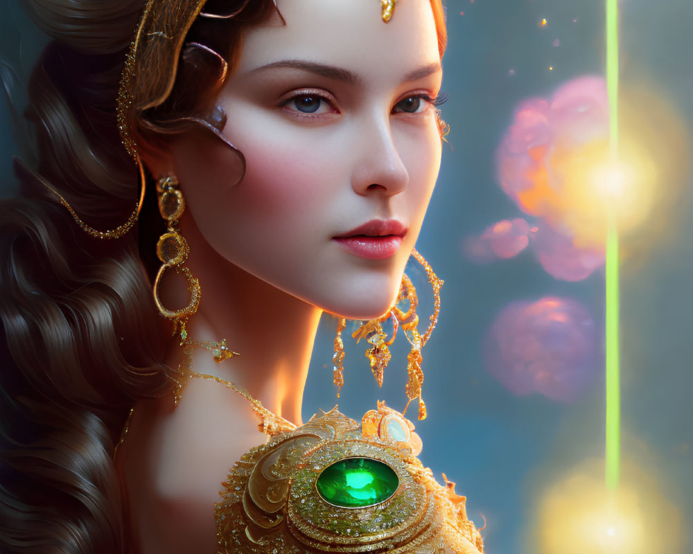 Portrait of Woman in Golden Jewelry with Orbs and Flowers