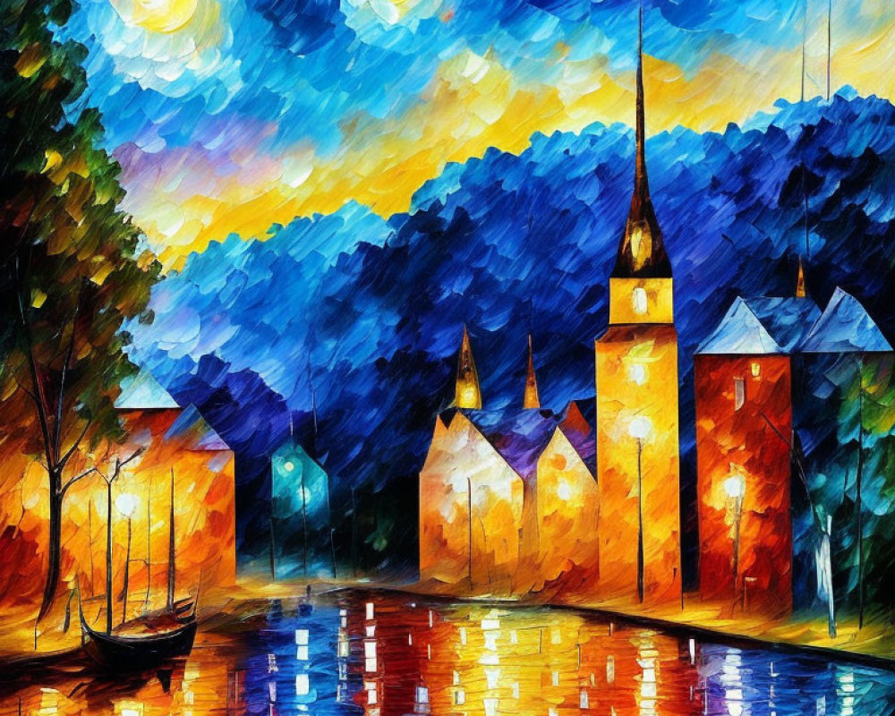 Impressionist Style Painting: Waterside Town at Dusk