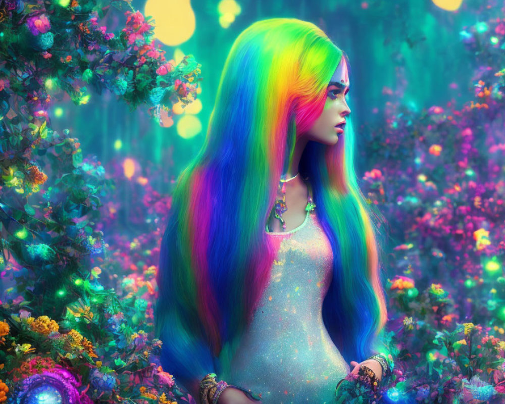 Colorful portrait of person with rainbow hair in neon floral setting