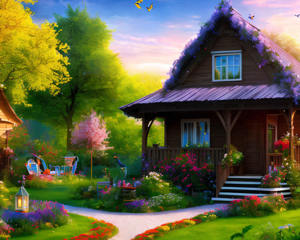 Charming cottage with blooming garden and flying birds