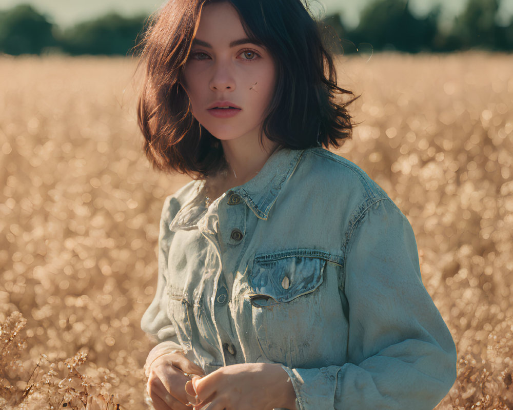 Short Dark-Haired Woman in Denim Jacket in Sunny Field