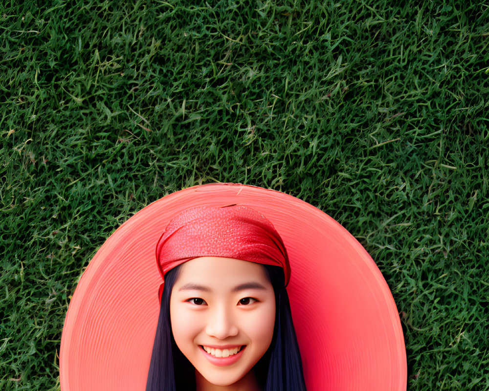 Young Woman with Black Hair and Red Hat Smiling on Green Grass