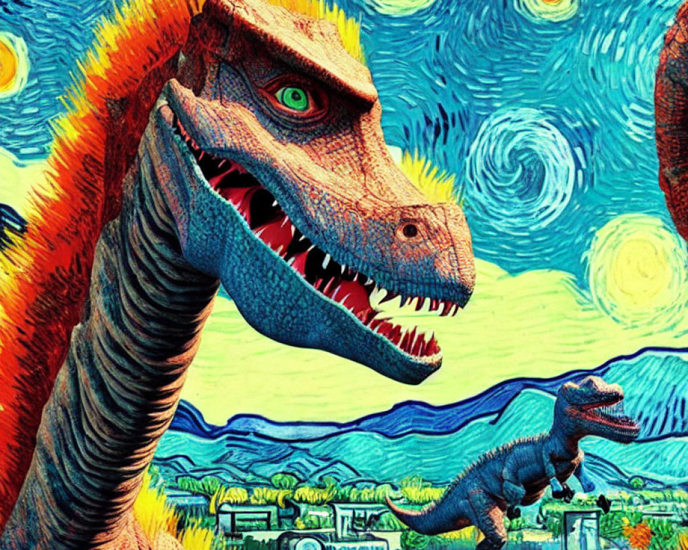 Colorful dinosaur artwork inspired by Van Gogh's style