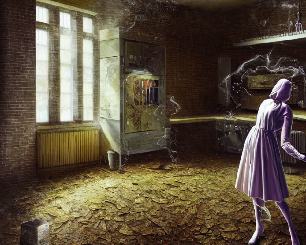 Figure in Purple Dress and Hood in Abandoned Room with Glowing Anomaly