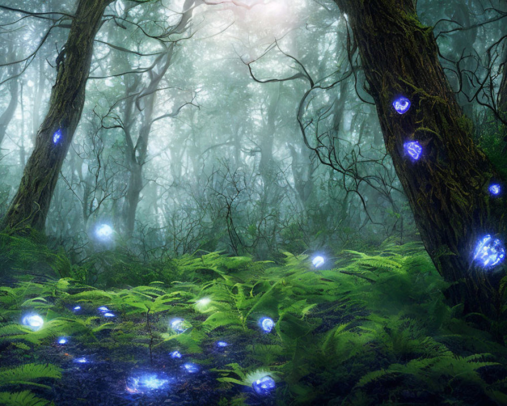 Enchanting forest scene with glowing blue orbs and misty ambiance