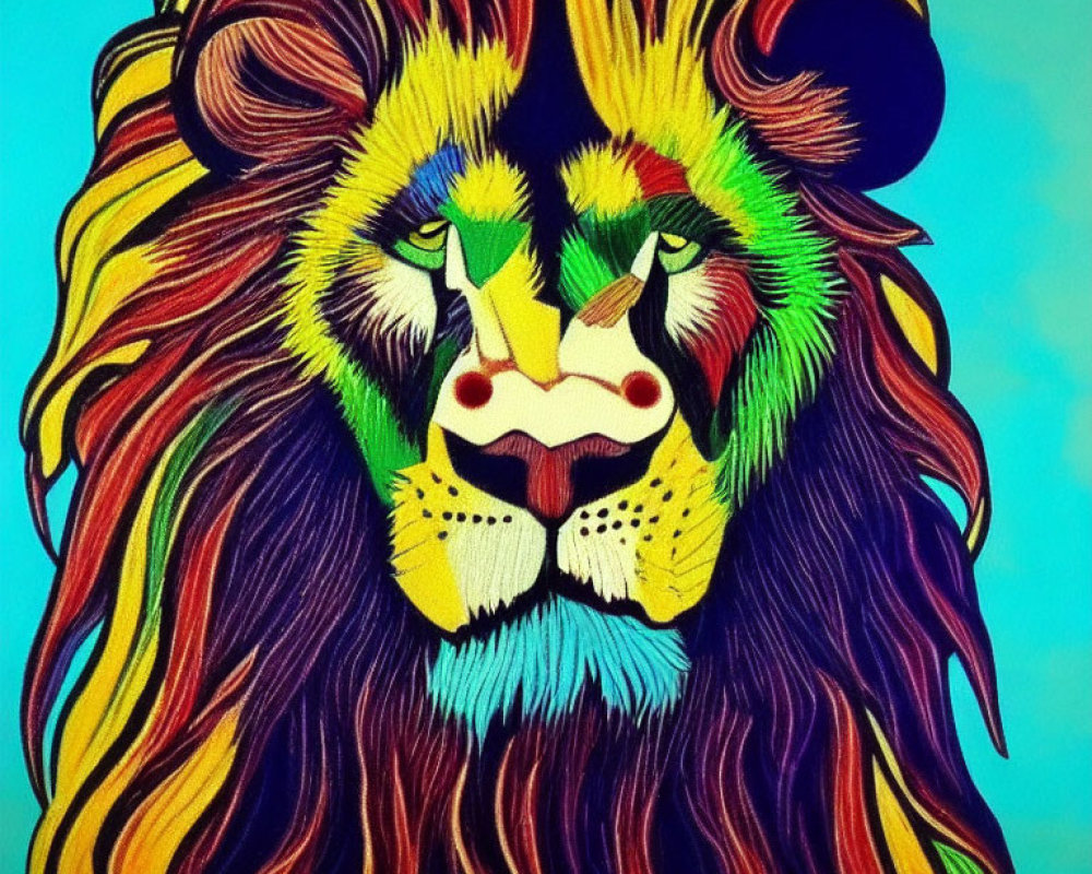 Colorful Lion Portrait with Flowing Mane and Psychedelic Brushstrokes