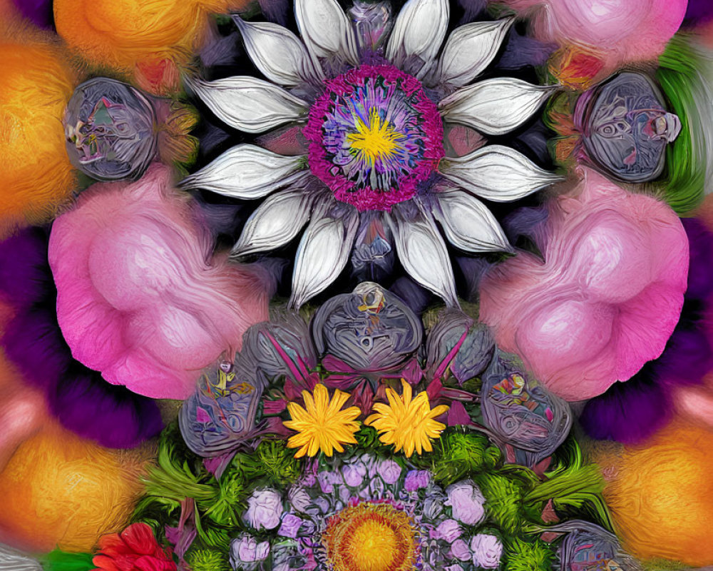 Colorful Symmetrical Artwork of Various Flowers in Fractal Pattern