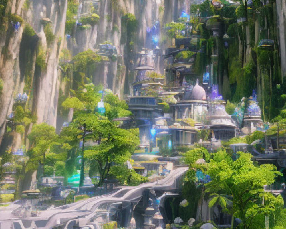 Fantasy landscape with waterfalls, lush vegetation, and futuristic buildings.