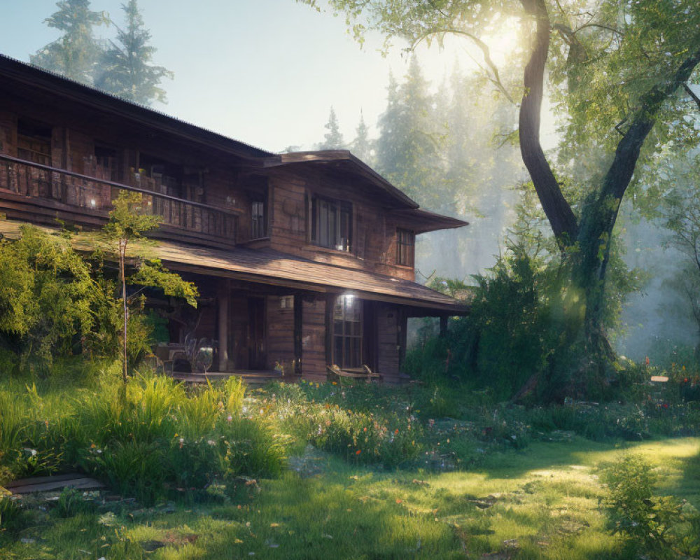 Tranquil Wooden Cabin in Sunlit Forest Clearing