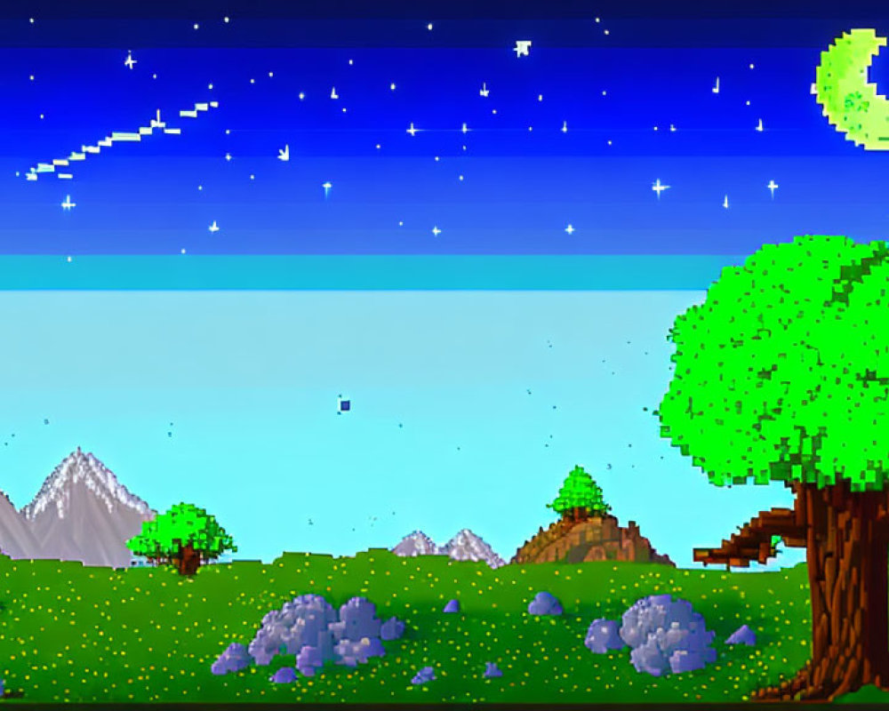 Pixelated night landscape with crescent moon, shooting stars, mountains, tree, and purple flowers.