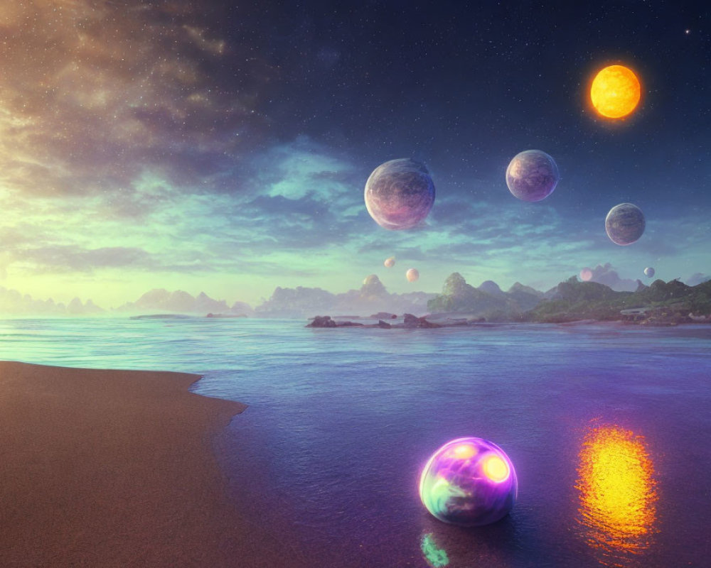 Twilight beachscape with celestial bodies and glowing orb