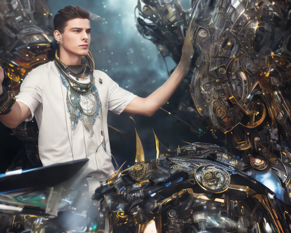 Young man in futuristic setting with styled hair and ornate metallic clothing interacting with complex machinery.