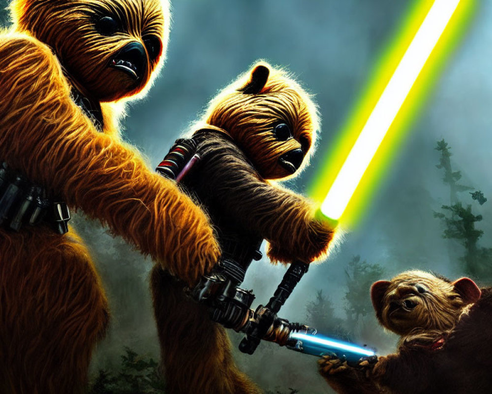 Three Wookiee Characters Wielding Weapons in Forest Scene