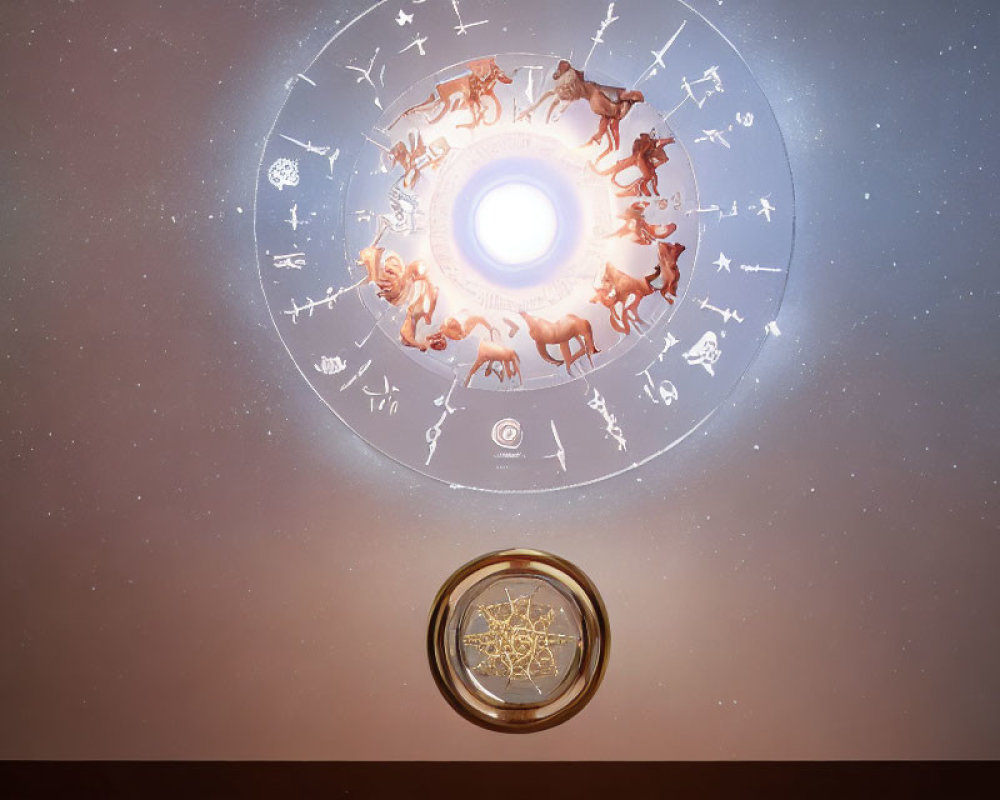 Intricate Zodiac Ceiling with Central Light and Brass Astrological Design