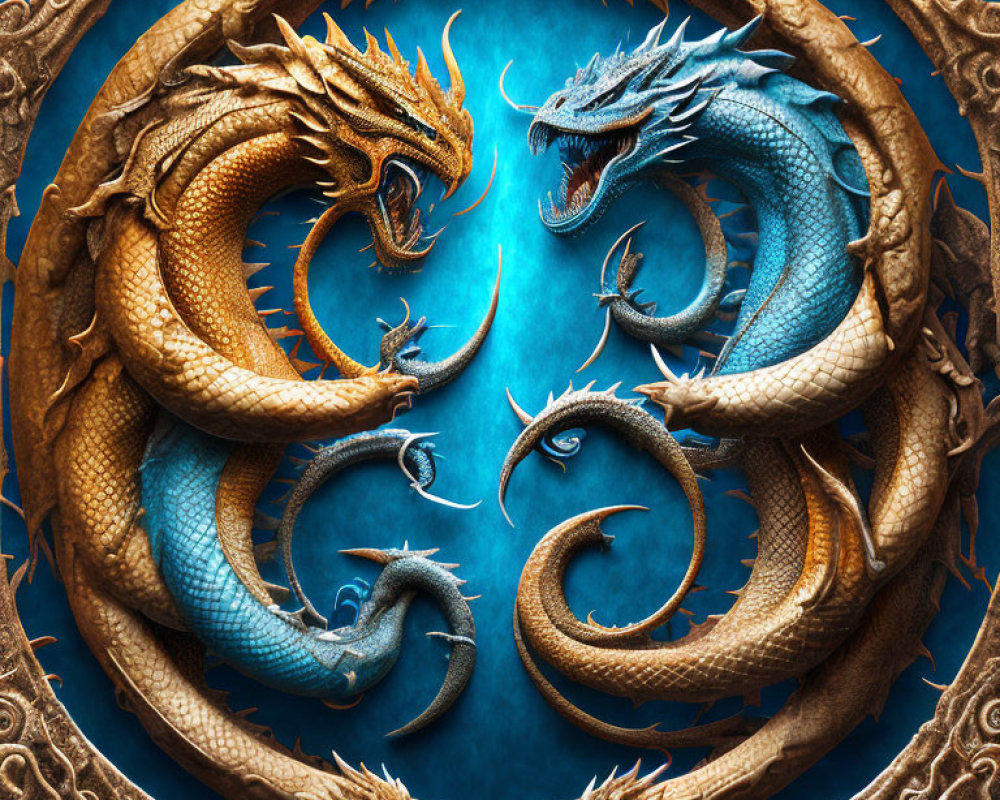 Golden and Silver Dragon Yin-Yang Symbol on Blue Background