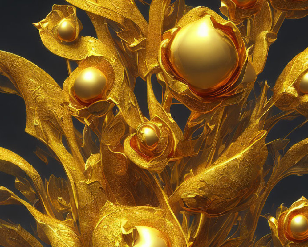 Intricate golden leaves and shimmering orbs in digital art piece