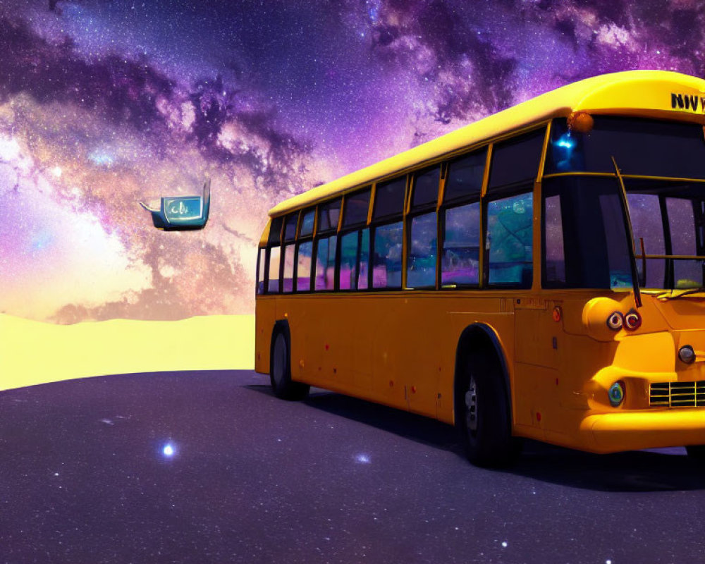 Colorful galaxy backdrop: School bus under starry sky and futuristic green traffic sign