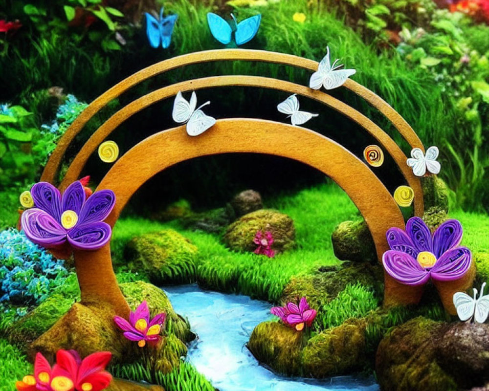 Colorful Quilled Paper Bridge in Vibrant Garden Scene