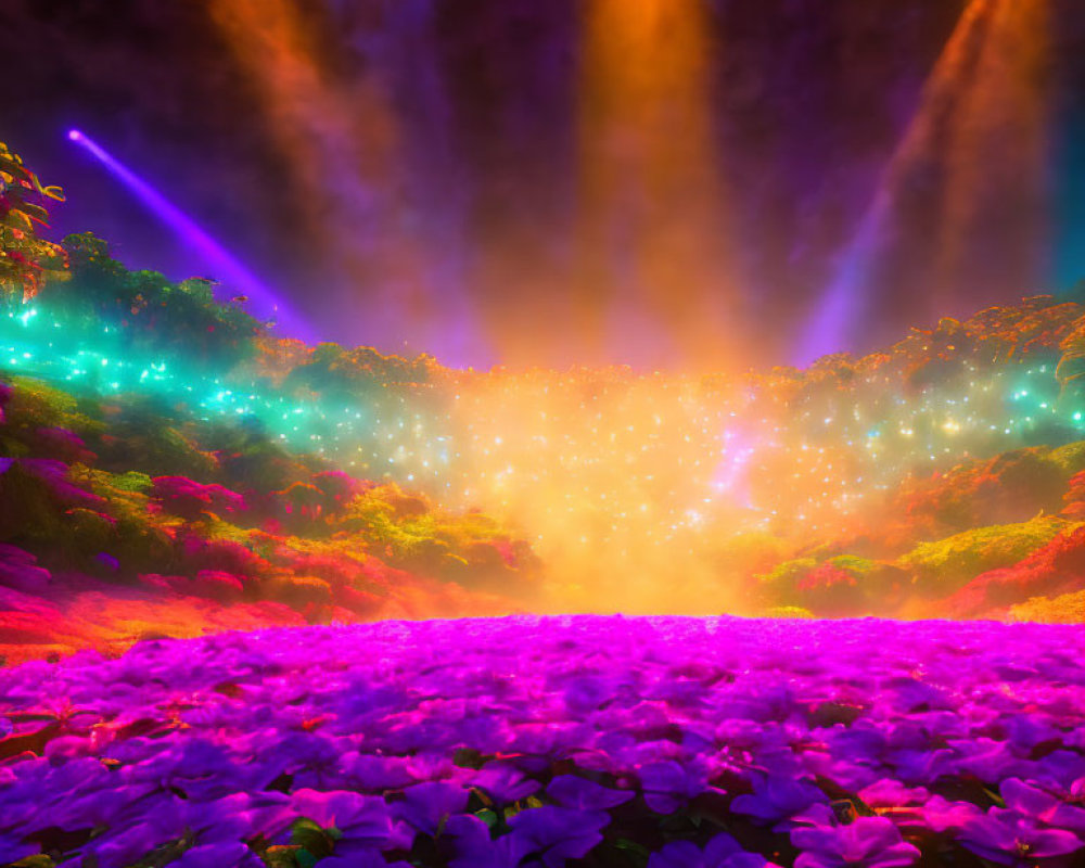 Mystical forest with purple flowers under colorful sky