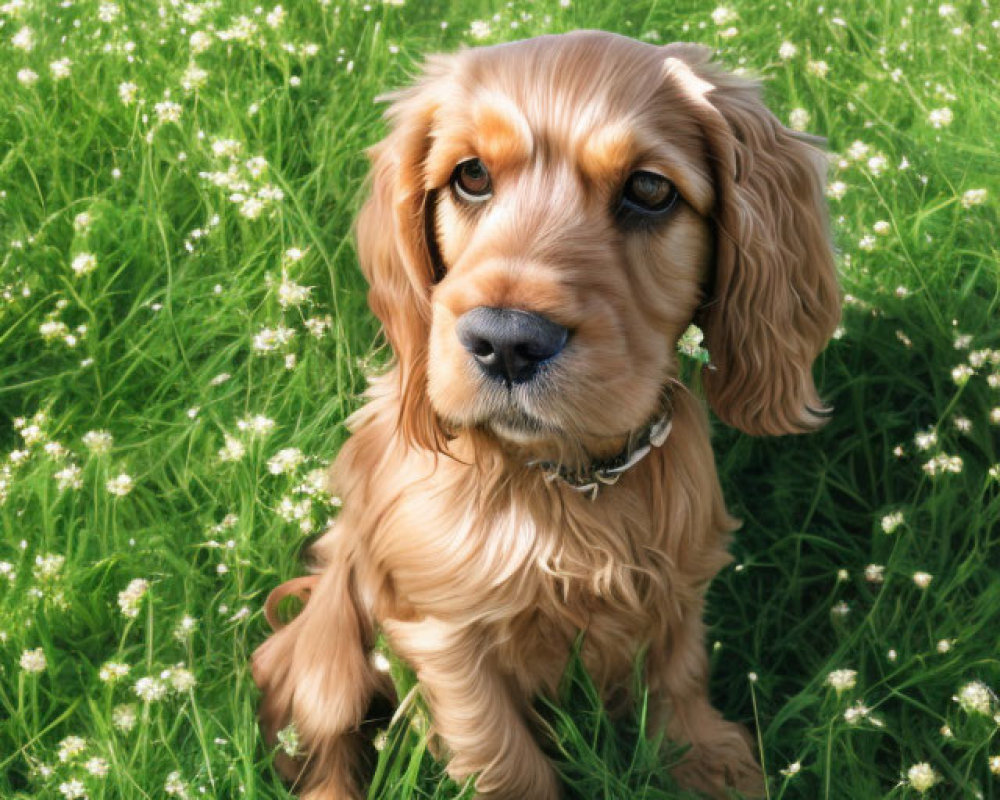 Golden-Brown Cocker Spaniel in Field of White Flowers