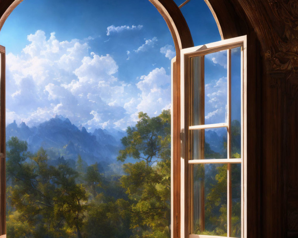 Ornate Wooden Room with Mountain View Through Open Window