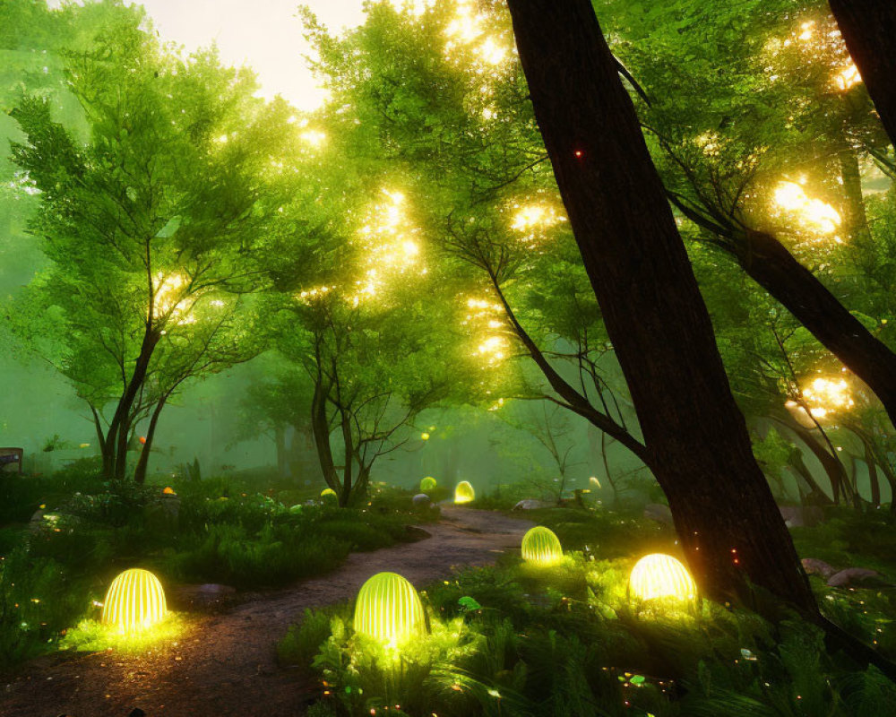 Misty forest scene with sunlight, green trees, and glowing orbs