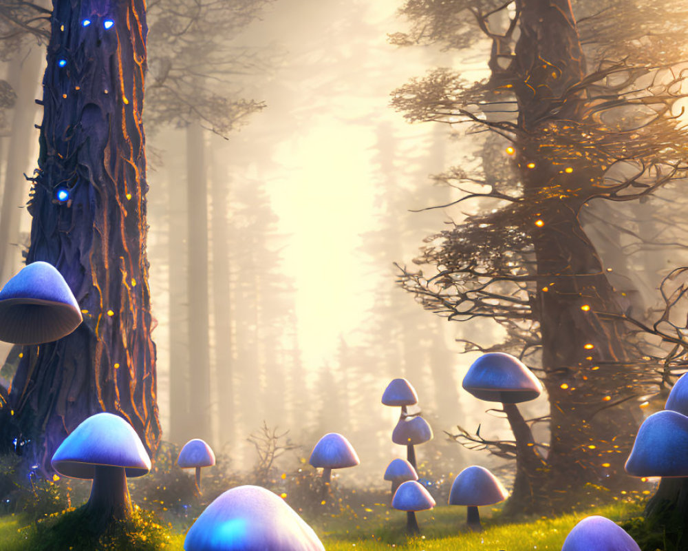 Enchanting forest scene with glowing blue mushrooms and towering trees