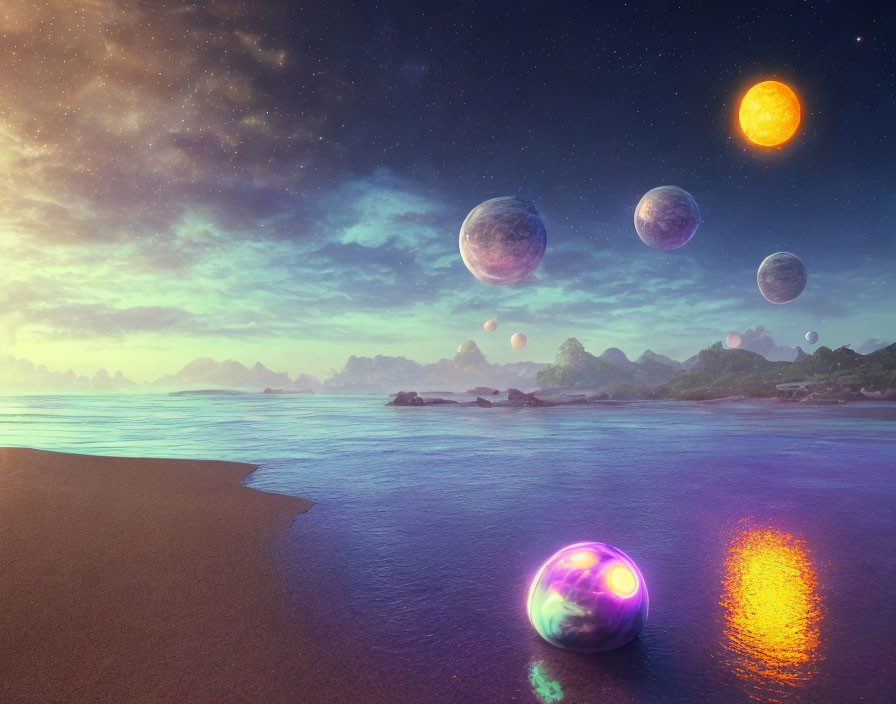 Twilight beachscape with celestial bodies and glowing orb