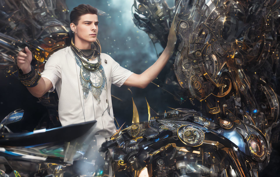 Young man in futuristic setting with styled hair and ornate metallic clothing interacting with complex machinery.